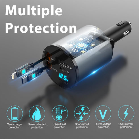 Multi Retractable Car Charger, 4 in 1 Fast Charger 100W with 2.6FT Cables for iPhone & Samsung Galaxy Devices