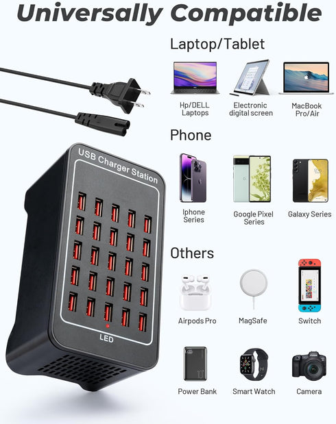 USB Charging Station, 25 Port 125W (25A), Travel Desktop Rapid Charger, Multi Ports Fast Charging Station for Devices