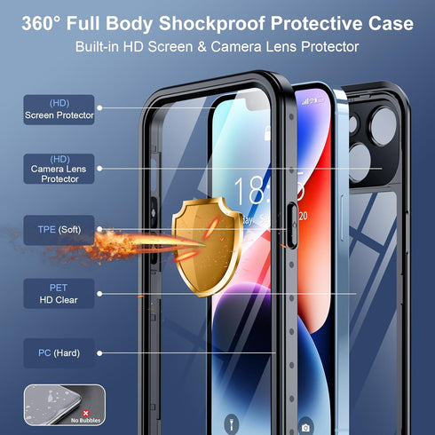 SPIDERCASE iPhone 14 Waterproof Case, Built-in Lens & Screen Protector, Heavy Duty Protection, 12FT Military -