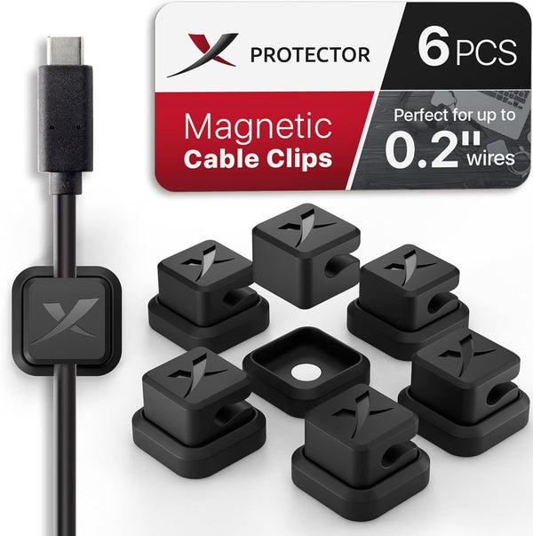 Magnetic Cable Holders X-Protector 6 PCS - Premium Self-Adhesive Cable Clips for Car and Desk Cord Management (Black)
