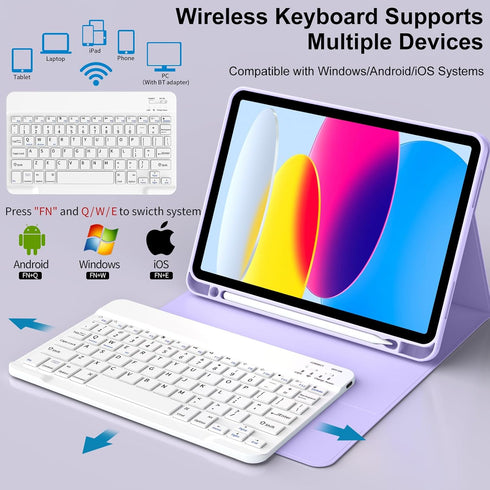 Keyboard Case for iPad 10th Generation 10.9 Inch 2022, Wireless Bluetooth with Built-in Pencil Holder, Purple