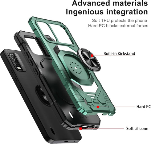 Nokia C210 Case with Tempered Glass Screen Protector, Military Grade Heavy Duty Shockproof Cover with Ring Kickstand,