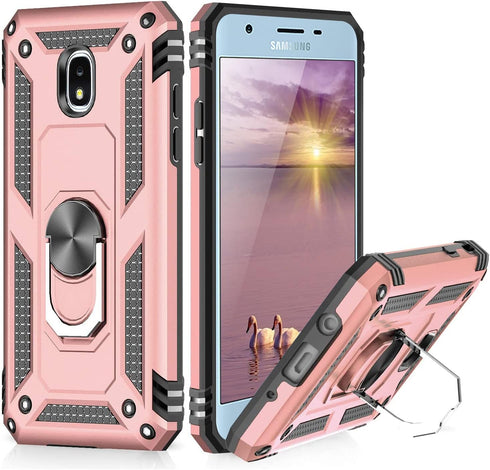 TJS Compatible with Samsung Galaxy J7 Case, Metal Ring Magnetic Support, Rose Gold