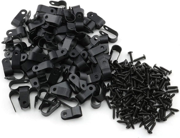 heyous 100pcs R-Type Cable Clamp - 1/2 inch (13.2mm) Nylon Wire Hose Fastener with Mounting Screw, Black