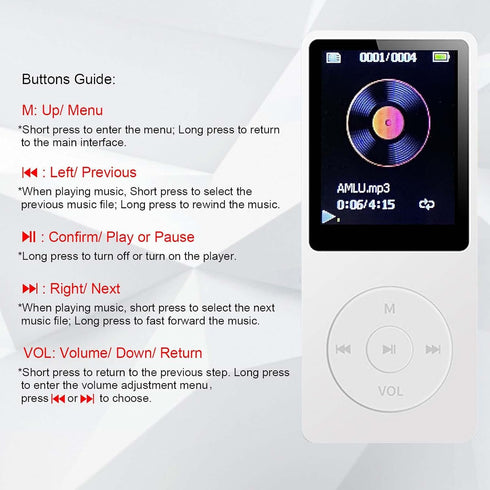 arungo MP3 32GB 1.8 inch 128GB Player with Speaker Earphone Portable Mini White Music Player Support Voice Recorder