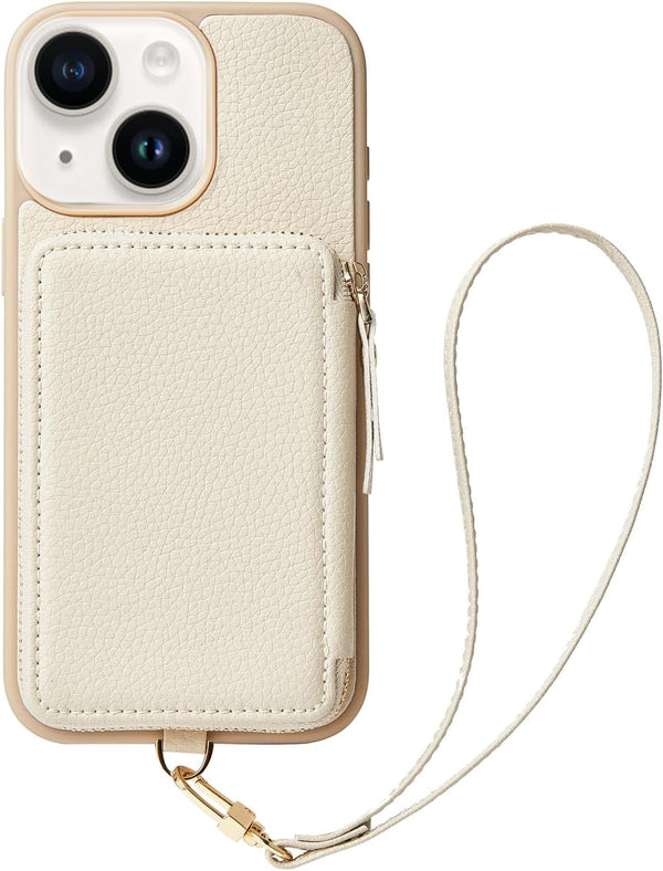 ZVE Wallet Case for iPhone 13 - Credit Card Holder, Zipper RFID Blocking Leather Case with Wrist Strap - Beige