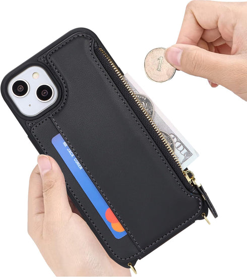 Cavor for iPhone 15 Case with Card Holder, Wallet Case for Women, Crossbody Lanyard and Wristlet, Leather Zipper Pocket