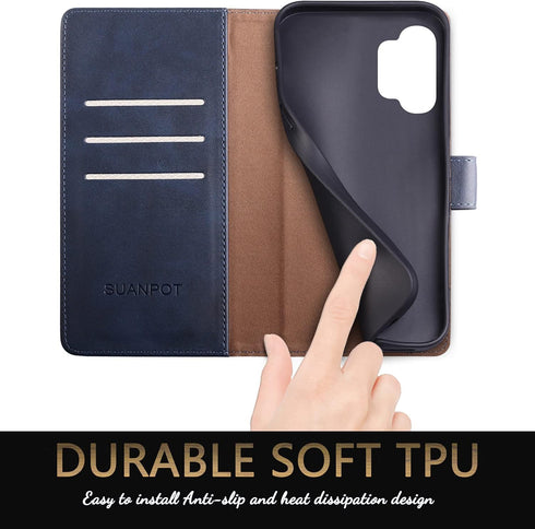 SUANPOT RFID Blocking Leather Wallet Case for Samsung Galaxy A32 5G, Credit Card Holder, Shockproof Cover (Blue)