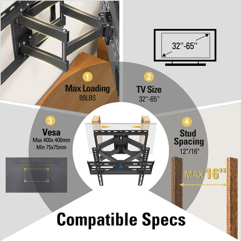 Mounting Dream TV Wall Mount for 32-65 Inch TV, Full Motion with Swivel and Tilt, Articulating Dual Arms, Max VESA