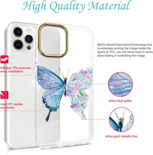 JAHOLAN Clear Case for iPhone 12 Pro Max - Purple Glitter Cute Butterfly Design, Shockproof TPU Bumper Hard PC Back