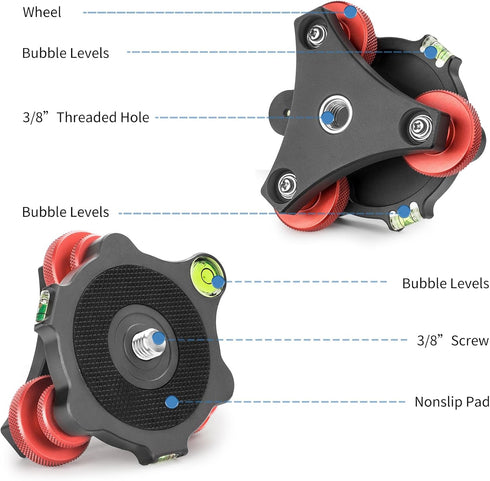 Tripod Head Leveling Base Camera Leveler, Aluminum Alloy 3 Axis Tri Wheel Head with +/-5 Degree Adjustment