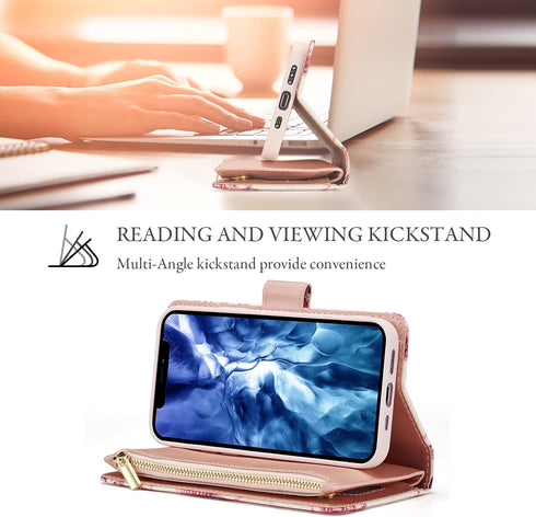 UEEBAI 15, Wallet Case for iPhone PU Leather Case Magnetic Closure Handbag Zipper Pocket Case Kickstand Card Slots