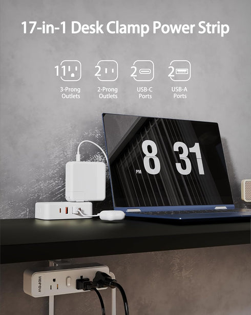 HOPOW 13 4 (2 Protector(1700 10 Dual Layer Desk Clamp Power StripWhite, Desktop Edge Mount Charging Station