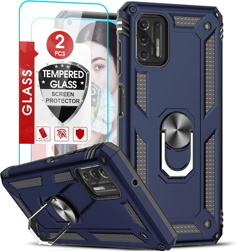 LeYi Moto G Stylus 2021 Case with 2 Tempered Glass Screen Protectors, Military Grade with Kickstand, Blue