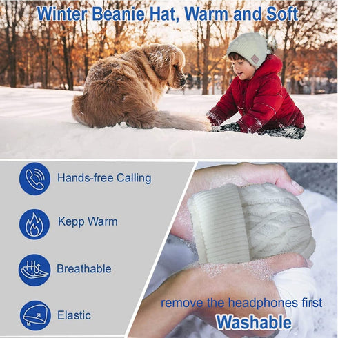 Wireless Beanie Hat with Headphone, Music Hat Winter Cap with Stereo Headset Speaker Microphone (White)