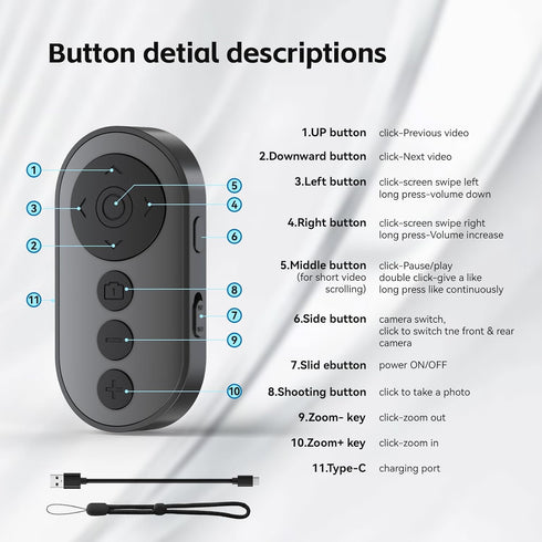 VYVIYON Wireless Camera Remote with Zoom/Camera Switch for Photo and Vlogging Compatible with iOS & Android Smartphone