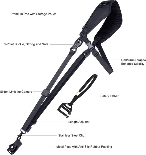waka Camera Neck Strap with Quick Release, Safety Tether and Underarm Strap, Adjustable Camera Shoulder Sling Strap for Nikon Canon Sony Fuji DSLR Camera, Black