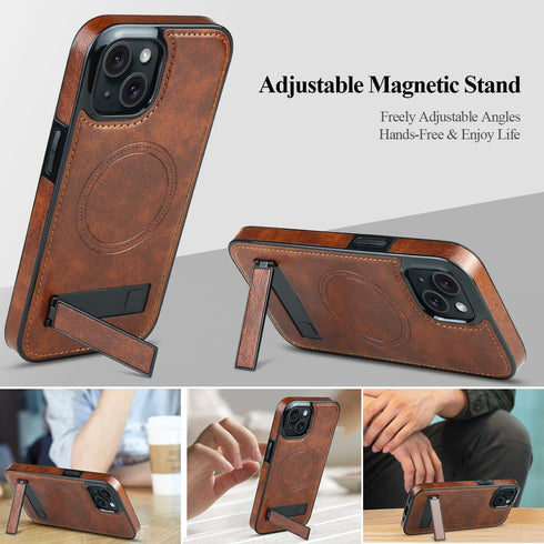 MMHUO Magnetic for iPhone 15 Leather Case,Compatible with Magsafe,Built-in Invisible Stand,Premium Leather Ultra Slim Magnetic Case Kickstand Cover Protective Phone Case for iPhone 15,Brown