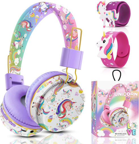 QearFun Unicorn Headphones for Girls, Kids Bluetooth Headphones with Microphone & 3.5mm Jack, Wireless Headphones with