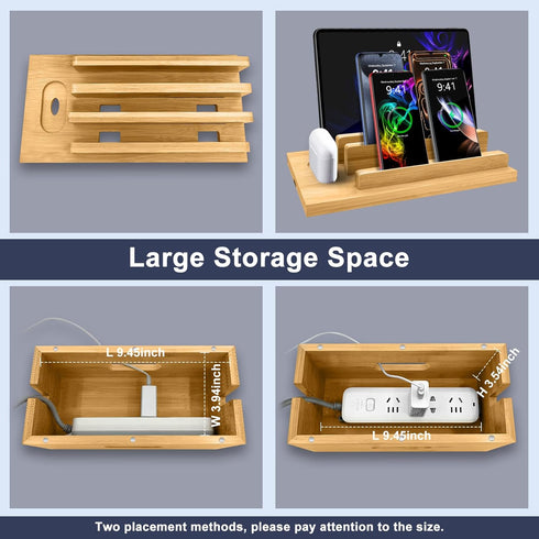 Osmudax Bamboo Charging Station for Multiple Devices, Cable Management Box for Power Strip, USB Charger & USB Charging