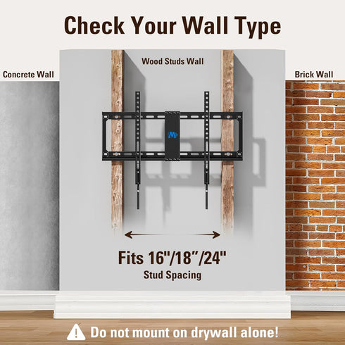 Mounting Dream Fixed TV Mount for 42-84 Inch Flat Screen TVs, VESA 600x400mm, Low Profile, Fits 16"/18"/24" Studs