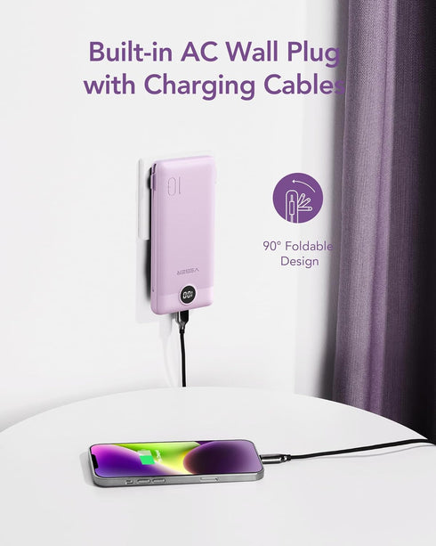 VEGER Portable Charger 10000mAh for iPhone, Built-in Cables and Wall Plug, Slim Fast Charging Power Bank - Purple