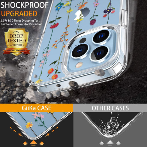 GiiKa iPhone 13 Pro Case with Screen Protector, 6.1 inch Clear Shockproof Floral Hard Case with TPU Bumper Cover,