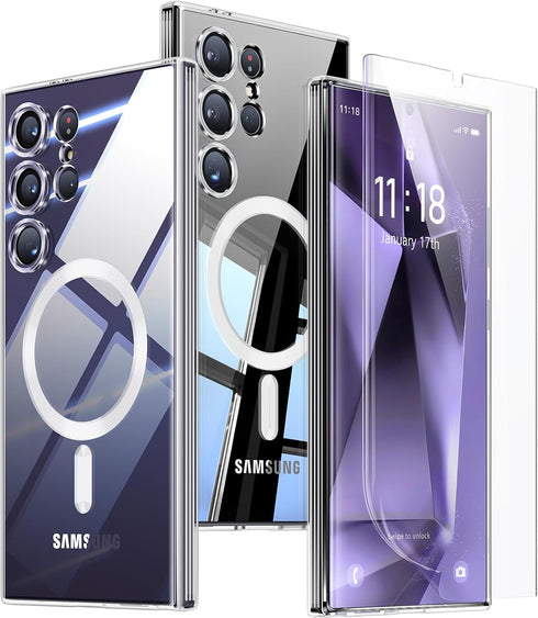 Samsung Galaxy S24 Ultra Case - 3 in 1 Magnetic, Crystal Clear, Mil-Grade Shockproof, No-Yellowing, with 2X Screen