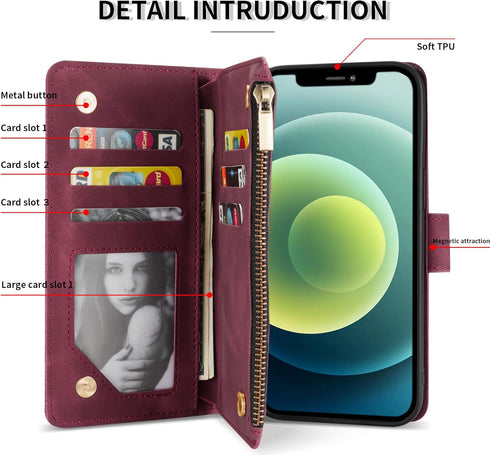 ZZXX iPhone 12 Mini Wallet Case with Card Slot - Premium Soft PU Leather Zipper Flip Folio, Wine Red