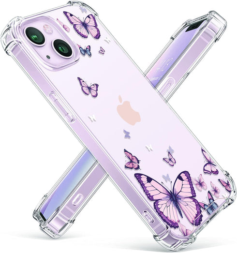 Crystal Phone Case for iPhone 13(2021)/iPhone 14(2022) 6.1", Alluring Purple Butterfly Soft Shockproof Clear Protective