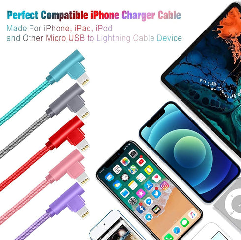 iPhone Charger Cord Right Angle Lightning Cable 6FT 5 Pack 90 Degree Nylon Braid Charging Cord Fast Charging Compatible for iPhone 12/12pro/11/11pro/XS/MAX/XR/X/8P/8/7P/7/6 iPad by Jeercor