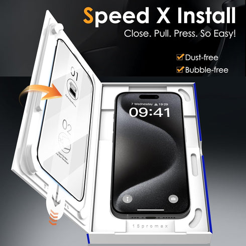 YWXTW iPhone 15 Pro Max Screen Protector, 6ft Drop Protection, Case Friendly Tempered Glass, 2 Pack, Speed X Dust-Free.