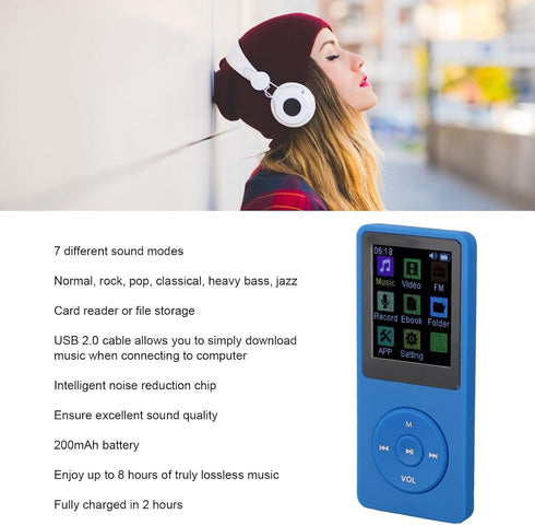 Yunseity MP3 5.0, MP3 1.82in Player with Bluetooth Portable Music Player with Screen, Smart Noise Reduction Digital