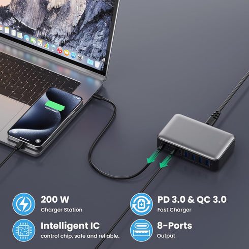 USB C Charger 200W Block, Upgraded GaN III 8-Port Fast Charging Hub, PD 65W Laptop Charger for MacBook Pro/Air, DELL,