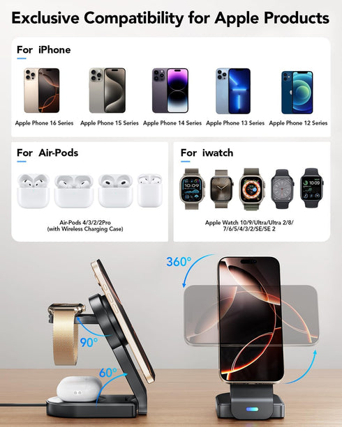3 in 1 Wireless Charging Station Compatible with Apple, Foldable Magnetic Charger for iPhone 16/15/14/13/12, Apple