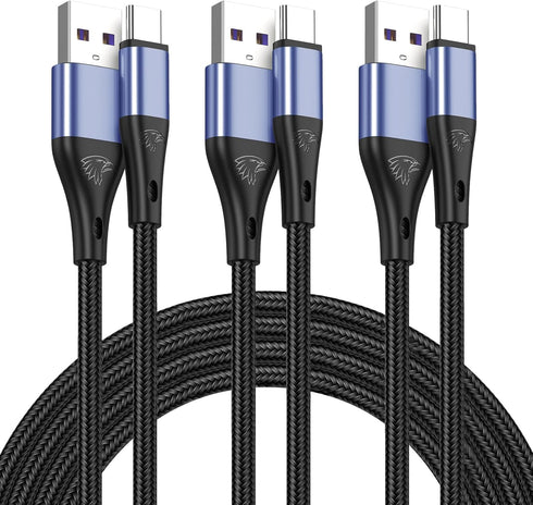 Premium Nylon Braided USB Type C Cable 10ft 3-Pack, 3A Fast Charging for Samsung Galaxy S21, Note 20, LG V50 (Blue)