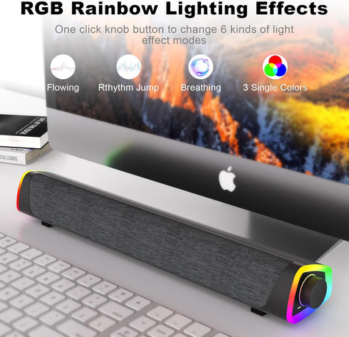 SOULION R30 Plus Bluetooth Computer Speakers for PC, Wired USB Powered Sound Bar with 6 Modes LED Lights
