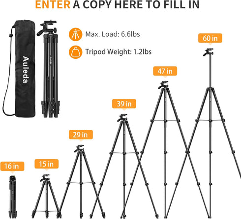 Auleda 60 6.6 LB Camera Tripod Lightweight Travel Tripod Stand Compatible with Canon Nikon DSLR Cameras with Wireless