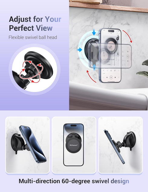 PROfezzion Multi-Surface Suction Mount for Mag Safe iPhone 15, Detachable Hands-Free Phone Holder for Various Surfaces