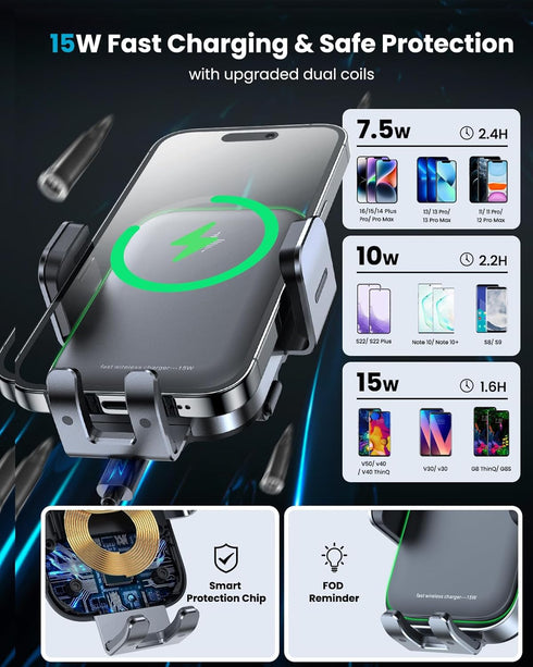 APPS2Car Dual Coil Wireless Car Charger Auto Clamping 15W Cup Holder Phone Mount for iPhone 16 15 14 13 Samsung