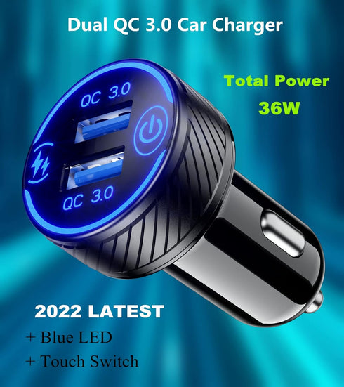 BRCOVAN Car Charger, Dual QC3.0 Port USB Phone Charger Adapter, 36W 3A Fast Charge with Touch Switch & Blue LED