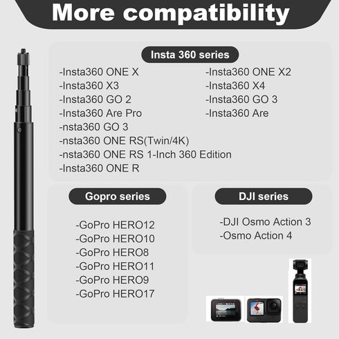 Uelkr 45" Insta360 X4 X5, 1/4" Invisible Selfie Stick for Extension Monopod Pole with Adapter for DJI GoPro, Action