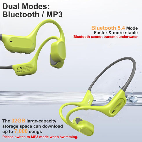 IP68 Swimming 32GB MP3 Swimming/Marathons/Cycling(Neon) Waterproof Headphones, Bone Conduction Liquid Silicone