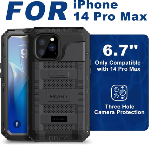 Mitywah iPhone 14 Pro Max Waterproof Case, Heavy Duty Metal with Built-in Screen Protector, Military Grade Drop