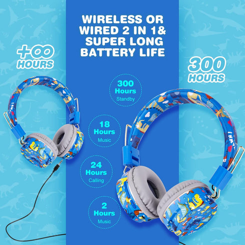 QearFun Dinosaur Headphones for Boys Kids, Bluetooth Headphones with Microphone & 3.5mm Jack, Adjustable Headband for