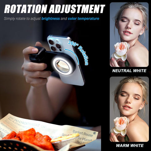 Zeanlant Magnetic Selfie Ring Light, Snap Grip with Detachable Bluetooth Remote Control for iPhone, Rechargeable LED
