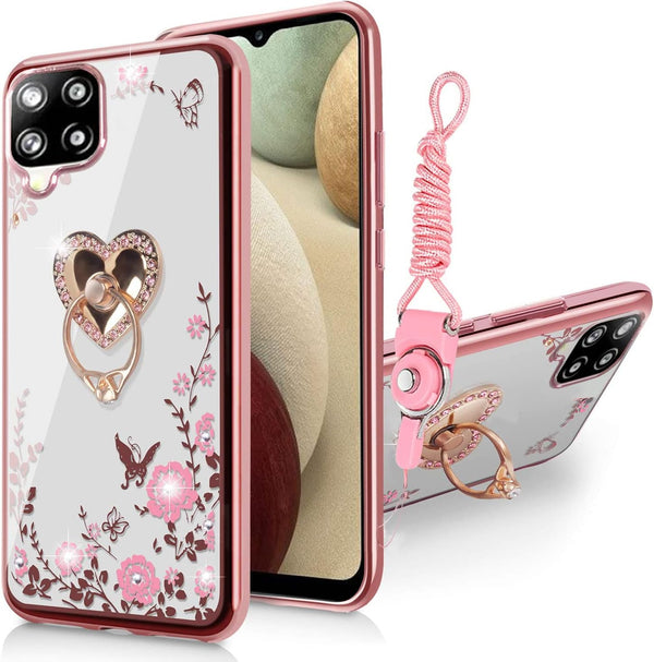 B-wishy Glitter Crystal Butterfly Heart Floral Case for Samsung Galaxy A12 5G, Slim Luxury Bling TPU with Ring Grip