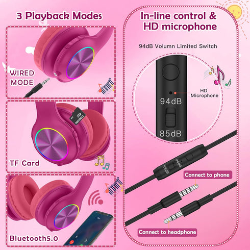 2023 Bluetooth Kids Headphones for Ages 3-21, Colorful LED Lights, Comfort Wireless Headphones with Microphone, 94dB