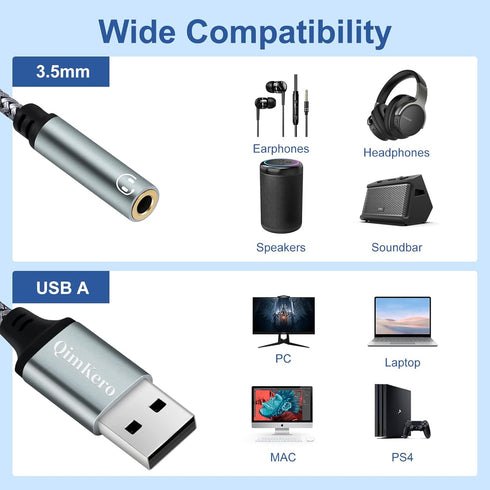 (2-Pack) USB to 3.5mm Jack Audio Adapter, QimKero External Sound Card USB-A, AUX Stereo Converter for Headset, PC,