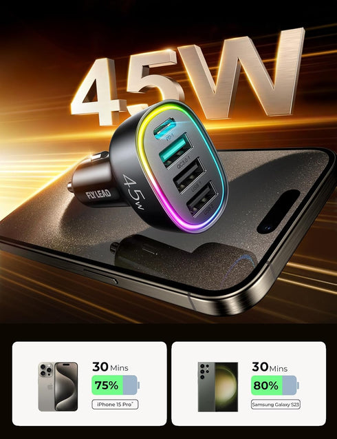 USB C Car Charger 45W 4 Ports Fast PD3.0 & QC3.0 Car Charger Adapter with USB C to C Charging Cable